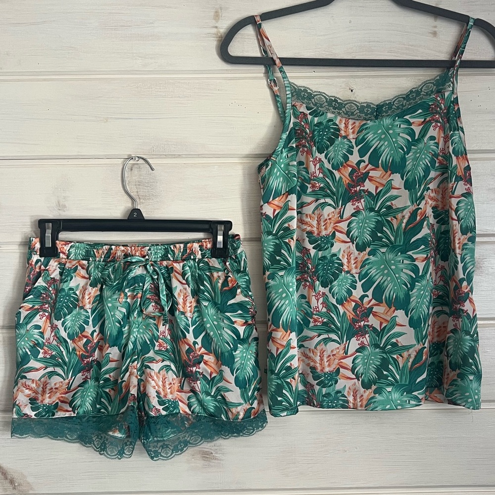Tabitha Webb Slip Satin Lace Tropical Sleepwear SET Tank Top & Shorts Size XS